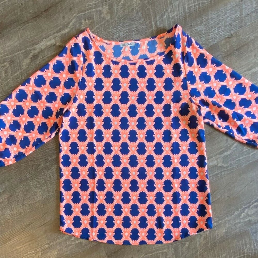 Blue Sketch Womens 3/4 Sleeve Boat Neck Blue Coral Lattice Print Top - Size S